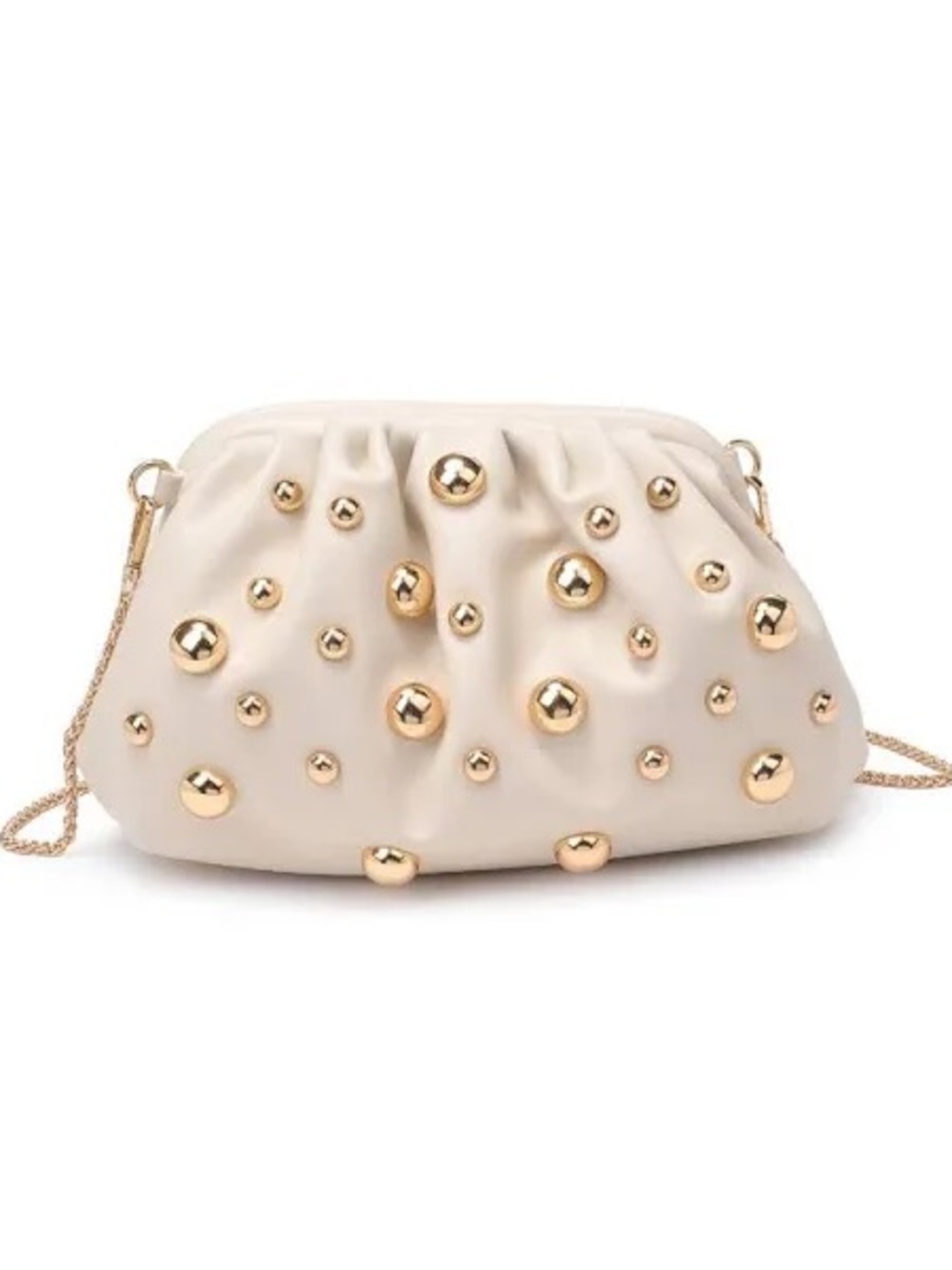 Ivory Ruched Clutch Crossbody Bag | Gold Studded Chain Purse